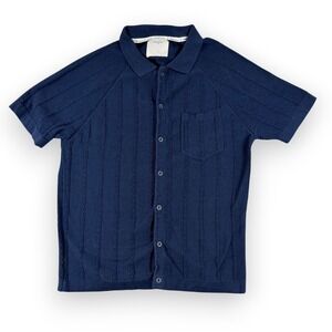 Percival Knit Shirt Mens L Blue Cable Knit Short Sleeve Button Up Pocket